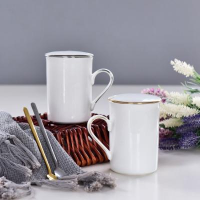 骨瓷蓋杯創(chuàng)意手工描金馬克杯辦公室家用簡約水杯可印圖案